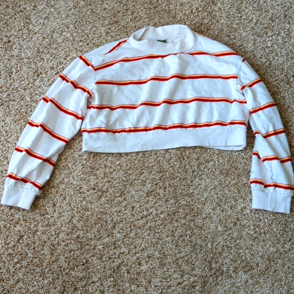 wild fable White Cropped Crewneck Sweater with Red and Orange Stripes - Picture 1 of 4